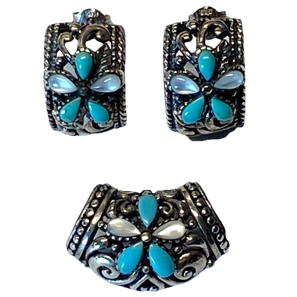 Vtg STH Sterling Turquoise Mother of Pearl Flower Slide Earrings Set